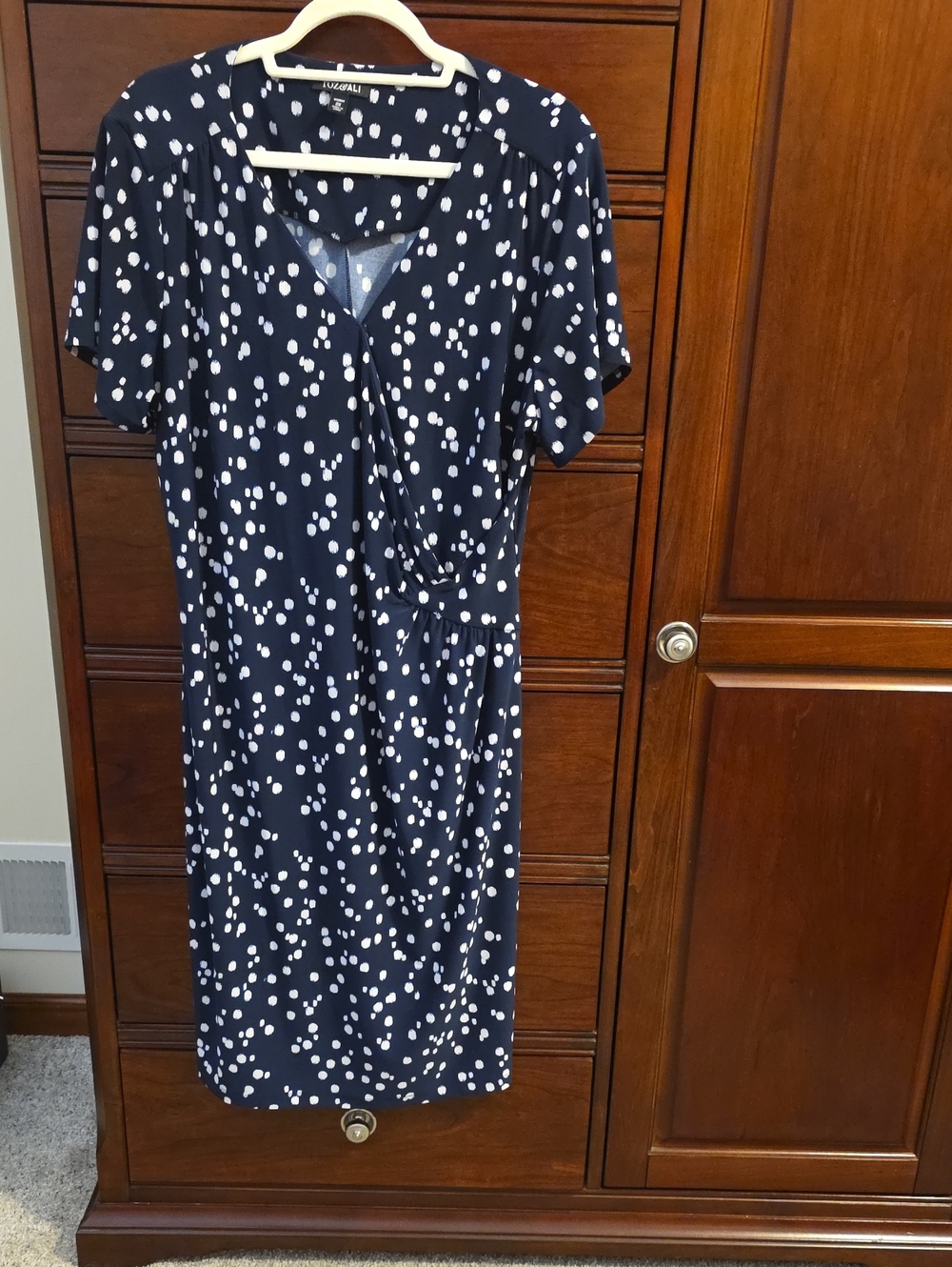 Roz & Ali Navy and White Polka Dot Faux-Wrap Midi Dress